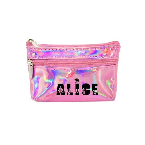 Porte monnaie holographique rose pochette prenom beach plage