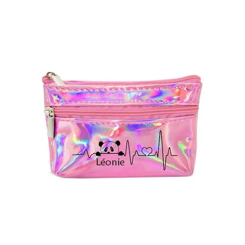 Porte monnaie holographique rose pochette panda coeur