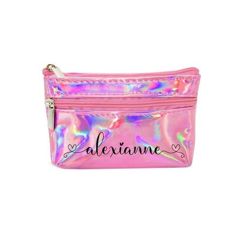 Porte monnaie holographique rose pochette prenom double coeur