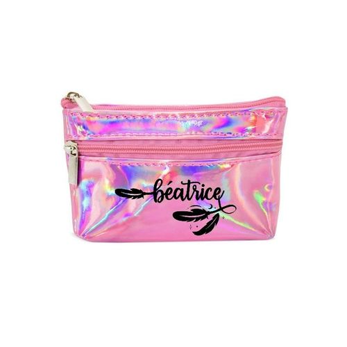 Porte monnaie holographique rose pochette prenom plume