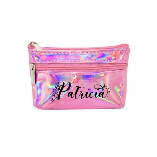 Porte monnaie holographique rose pochette prenom fleur et coeur