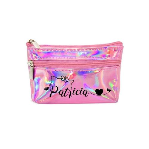 Porte monnaie holographique rose pochette prenom chat et papillon