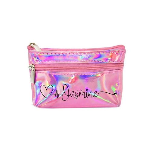 Porte monnaie holographique rose pochette prenom 15 et c¿ur