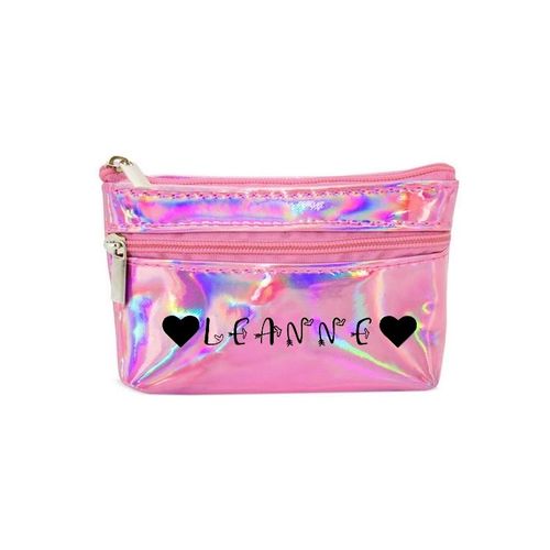 Porte monnaie holographique rose pochette prenom boho et coeur