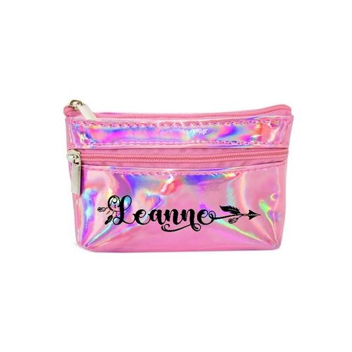 Porte monnaie holographique rose pochette prenom fleche et plume