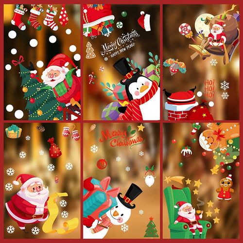 Stickers Noel Fenetre, Déco Fenêtre Noël Réutilisables, Autocollant Noel Fenetre Statiques PVC avec Père Noël Renne et Flocons de Neige(A)