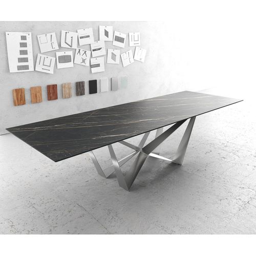 Table-De-Salle-À-Manger Edge Laminam® Céramique Marron 300x100cm Pieds Millieu Acier Plat Argent