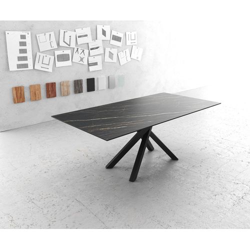 Table-De-Salle-À-Manger Edge Laminam® Céramique Marron 200x100cm Pieds Millieu Croisé Noir