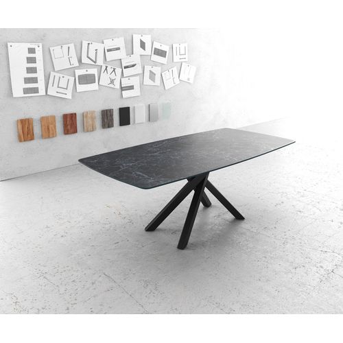 Table-De-Salle-À-Manger Edge Forme Boot 200x100cm Laminam® Céramique Gris Pieds Millieu Croisé Noir