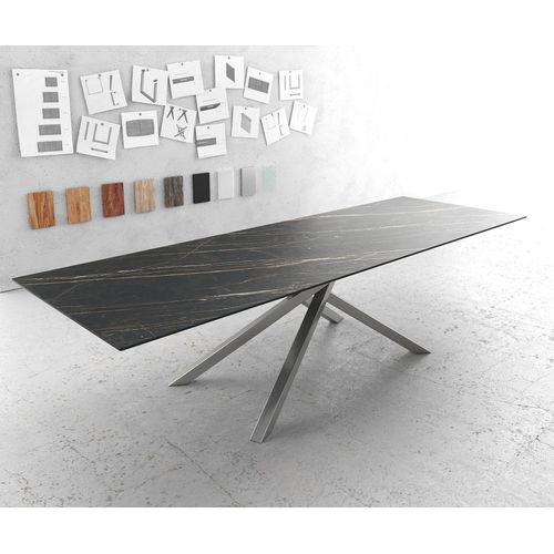 Table-De-Salle-À-Manger Edge Laminam® Céramique Marron 300x100cm Pieds Millieu Croisé Argent