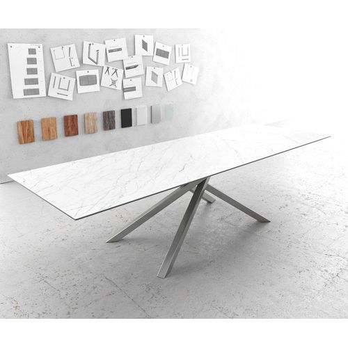 Table-De-Salle-À-Manger Edge Laminam® Céramique Blanc 300x100cm Pieds Millieu Croisé Argent