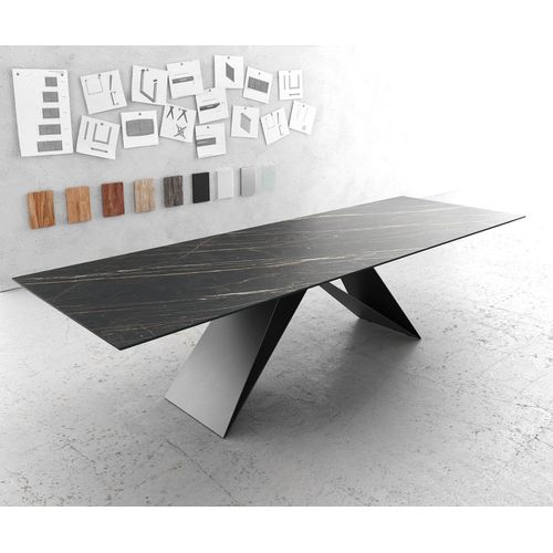 Table-De-Salle-À-Manger Edge Laminam® Céramique Marron 300x100cm Pieds-V Millieu Noir