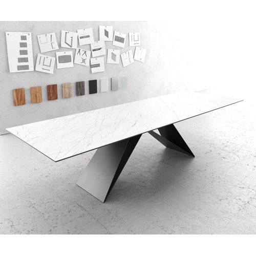 Table-De-Salle-À-Manger Edge Laminam® Céramique Blanc 300x100cm Pieds-V Millieu Noir