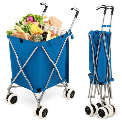 COSTWAY Chariot de Courses Pliable 90L- 4 Roues, Freinage et Direction à 360°, Cadre en Acier en Forme de X,Charge max.: 54 KG Bleu