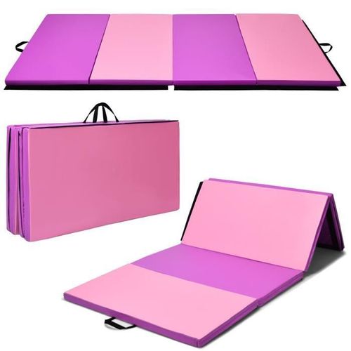 Costway Tapis De Gymnastique Pliable 240x120x5cm Tapis De Yoga Portable Avec 2 Poignées De Transport Et Velcro Rose+Violet