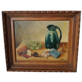 Tableau Ancien Peinture À L'huile Sur Toile Signé L. Gisquet Nature Morte Carafe Verre Paquet De Cigarettes Cendrier