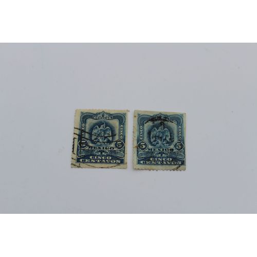 2 Timbres Oblitérés Mexico Cinco Centavos Bleu De 1899
