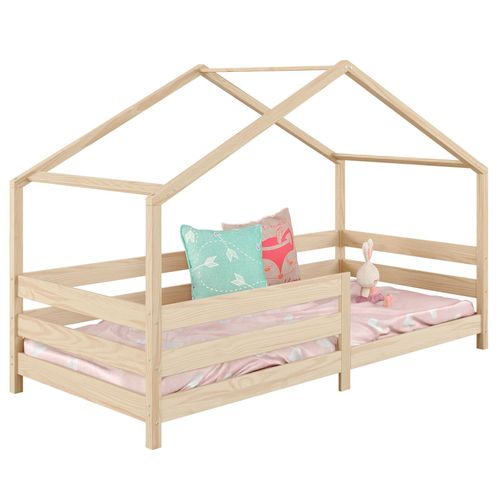 Lit Cabane Rena Lit Simple Pour Enfant 90 X 200 Cm, Avec Barrières De Protection, En Pin Massif À La Finition Naturelle