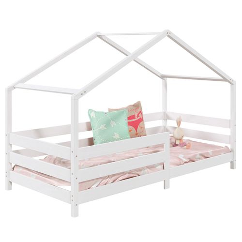 Lit Cabane Rena Lit Simple Pour Enfant 90 X 200 Cm, Avec Barrières De Protection, En Pin Massif Lasuré Blanc