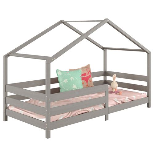 Lit Cabane Rena Lit Simple Pour Enfant 90 X 200 Cm, Avec Barrières De Protection, En Pin Massif Lasuré Gris