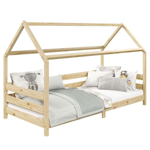Lit Cabane Fina Lit Simple Pour Enfant 90 X 200 Cm, Avec Barrières De Protection Sur 3 Côtés, En Pin Massif À La Finition Naturelle