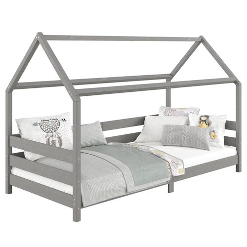 Lit Cabane Fina Lit Simple Pour Enfant 90 X 200 Cm, Avec Barrières De Protection Sur 3 Côtés, En Pin Massif Gris