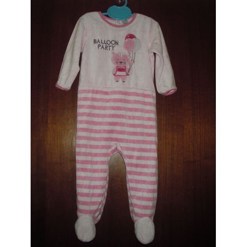 Pyjama Grenouillère Fille De Marque Tex, Taille 18 Mois100% Coton Touché Velours, Coloris Nuancé De Rose, Chat Tenant Des Ballon, Inscription " Ballon Party Brodés Sur La Poitrine, Bas À Rayures Rose.