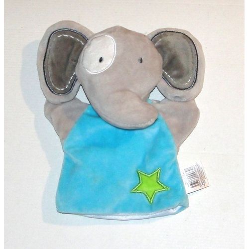 Doudou Marionnette Elephant Gris Bleu Etoile Verte Cmp - Peluche Elephant 23 Cm