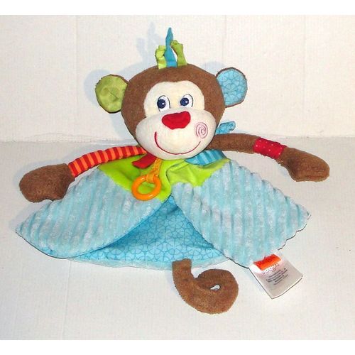 Doudou Singe Marionnette Haba Robe Verte Bleu Cotelé - Peluche Singe 24 Cm