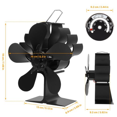 Lame tyoe1-5 - 5 lames Chaleur Alimenté Poêle À Bois Ventilateur Ventilateur de Cheminée Four Souffleur D'air pour le Bois/Poêle à bois Écologique Avec un Thermomètre