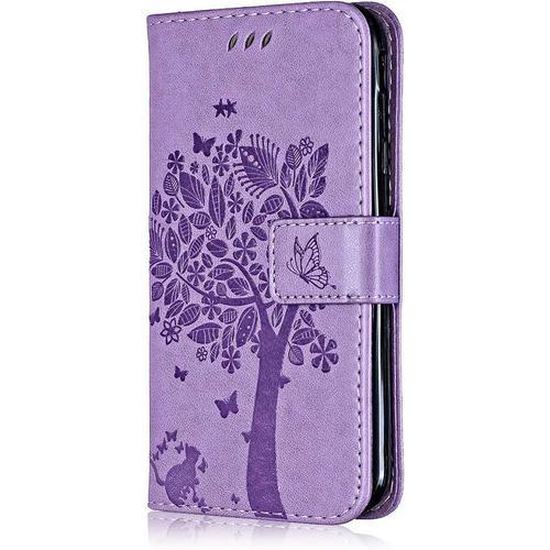 Coque Pour Samsung Galaxy A30s, Etui En Cuir Pu Portefeuille, Antichoc Flip Case Housse Rétro Emboss Série De Chat Et D'arbre Pour Samsung Galaxy A30s - Lavande