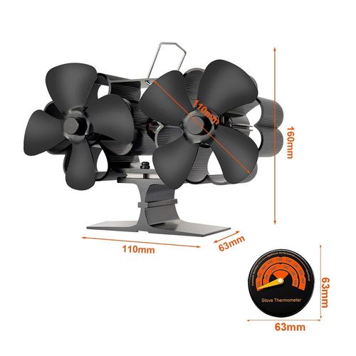 Avec thermomètre - Ventilateur de cheminée à 4 pales, Double tête, puissance thermique, brûleur écologique silencieux, Distribution efficace de la chaleur