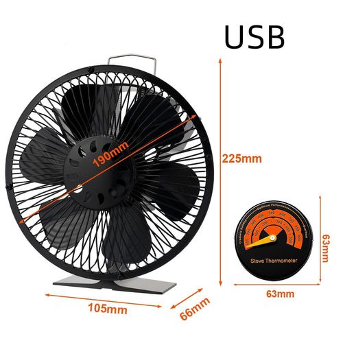 Avec thermomètre USB - Ventilateur de cheminée à 6 feuilles noir, puissance thermique, écologique, silencieux, grand Volume'air, brûleur à bois, ventilateur domestique, Distribution de chaleur efficace
