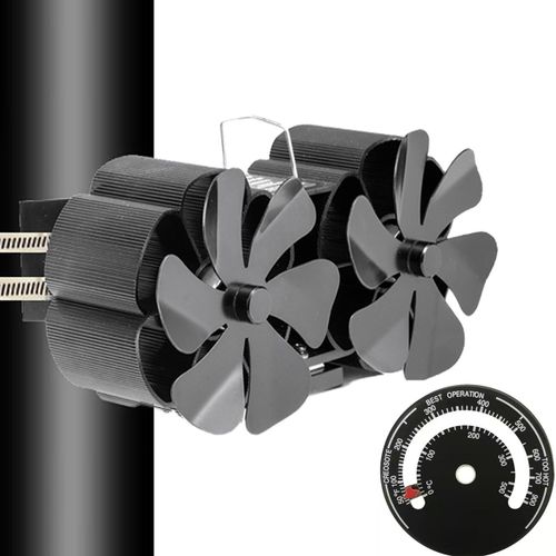 Mural - Ventilateur de cheminée à double tête, 12 pales, poêle à bois, silencieux, Distribution de chaleur avec thermomètre