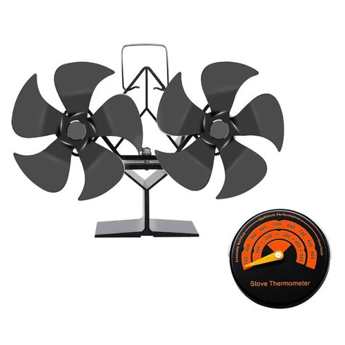 Avec thermomètre - Ventilateur de cheminée noir à Double tête, brûleur à bois, silencieux, pour la maison, Distribution de chaleur efficace