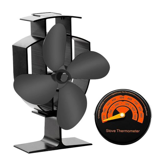 Avec thermomètre - Ventilateur de poêle à bois à 4 pales, noir, pour cheminée, écologique, silencieux, maison, Distribution de chaleur efficace