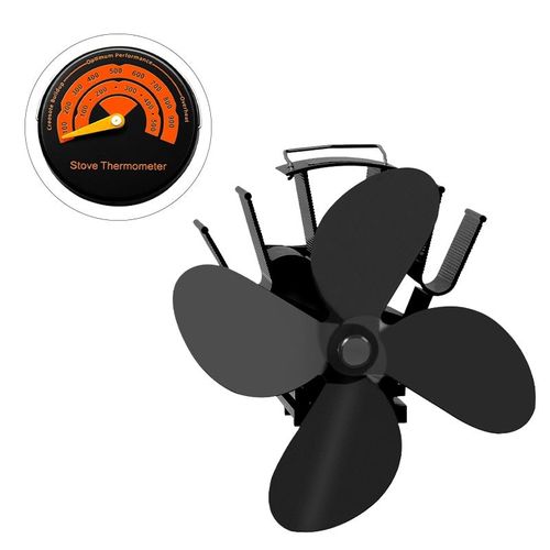Avec thermomètre - Ventilateur de poêle à bois à 4 pales, noir, pour cheminée murale, écologique, silencieux, Distribution de chaleur pour la maison