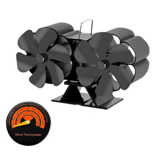 Avec thermomètre - Ventilateur de poêle à double tête en Aluminium, silencieux, écologique, pour brûleur de bûches et de bois, Distribution de chaleur domestique, 12 pales