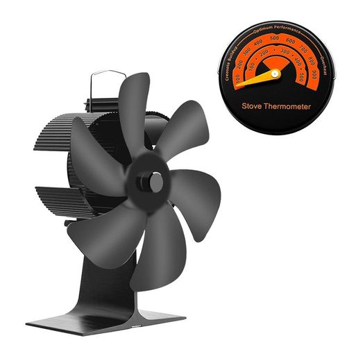 Avec thermomètre - Ventilateur de poêle noir à 6 pales, brûleur à bois, écologique, silencieux, pour la maison, Distribution de chaleur efficace