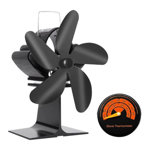 Avec thermomètre - Ventilateur de poêle noir à 5 pales, brûleur à bois, écologique, silencieux, pour foyer extérieur, Distribution de chaleur efficace