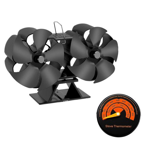 Avec thermomètre - Ventilateur De Poêle Rond À Bois À Double Tête 10 Lames, Ventilateur De Cheminée Noir Silencieux Pour La Maison, Distribution De Chaleur Efficace