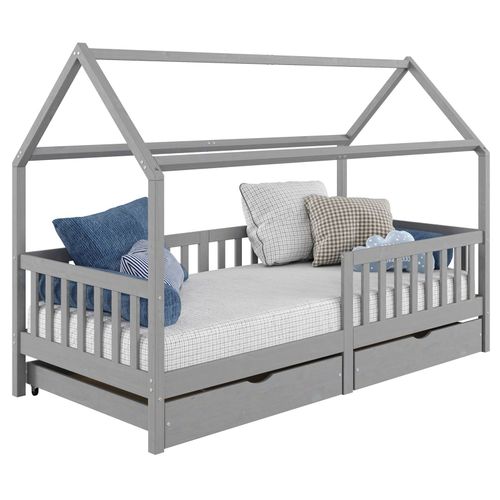 Lit Cabane Nuna Lit Enfant Simple En Bois 90 X 200 Cm, Avec Rangement 2 Tiroirs, En Pin Massif Lasur? Gris