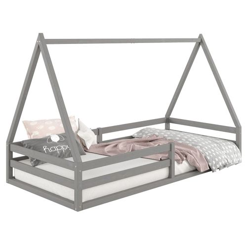 Lit Cabane Sila 90x200 Cm, Lit Simple Enfant 1 Place Type Montessori, En Pin Massif Gris
