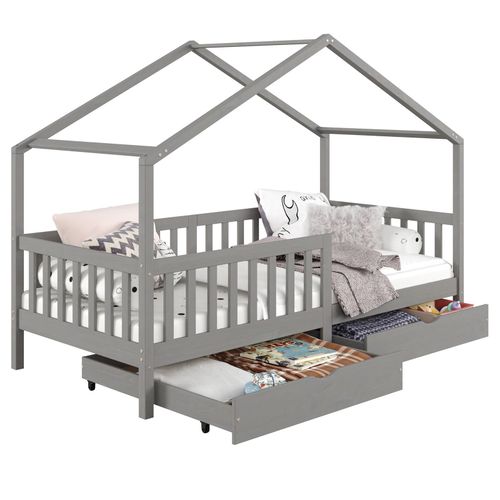 Lit Cabane Elea Lit Enfant Simple 90 X 200 Cm, Avec 2 Tiroirs De Rangement, En Pin Massif Lasur? Gris