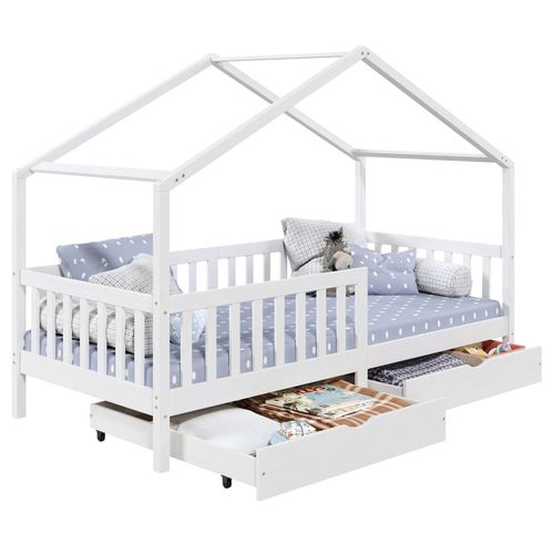 Lit Cabane Elea Lit Enfant Simple 90 X 200 Cm, Avec 2 Tiroirs De Rangement, En Pin Massif Lasur? Blanc