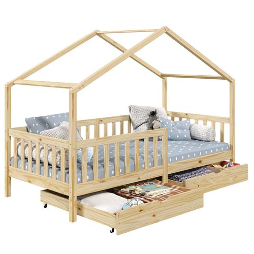 Lit Cabane Elea Lit Enfant Simple 90 X 200 Cm, Avec 2 Tiroirs De Rangement, En Pin Massif La Finition Naturelle