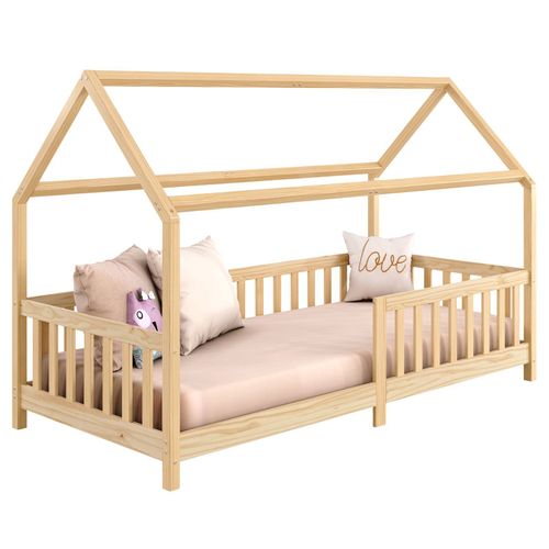 Lit Cabane Nina Lit Enfant Simple En Bois 90 X 200 Cm, En Pin Massif Finition Naturelle
