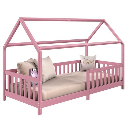 Lit Cabane Nina Lit Enfant Simple En Bois 90 X 200 Cm, En Pin Massif Lasur? Rose