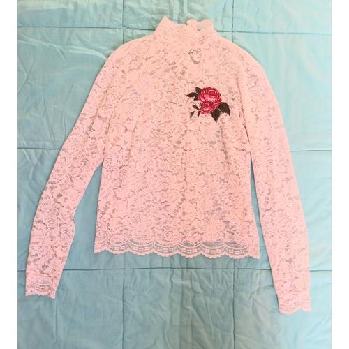 Pull Dentelle Stradivarius Femme Blanc Motif Fleur Rose M 38 Col Montant Transparent Sexy Sweat Manches Longues