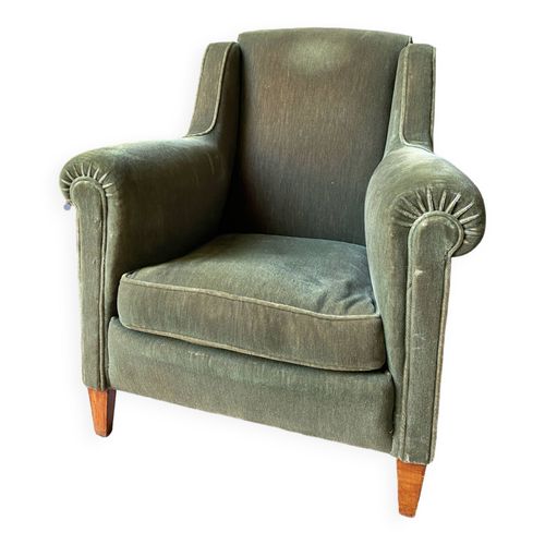 Fauteuil Club Vintage Tissu Velours Vertkaki Vert